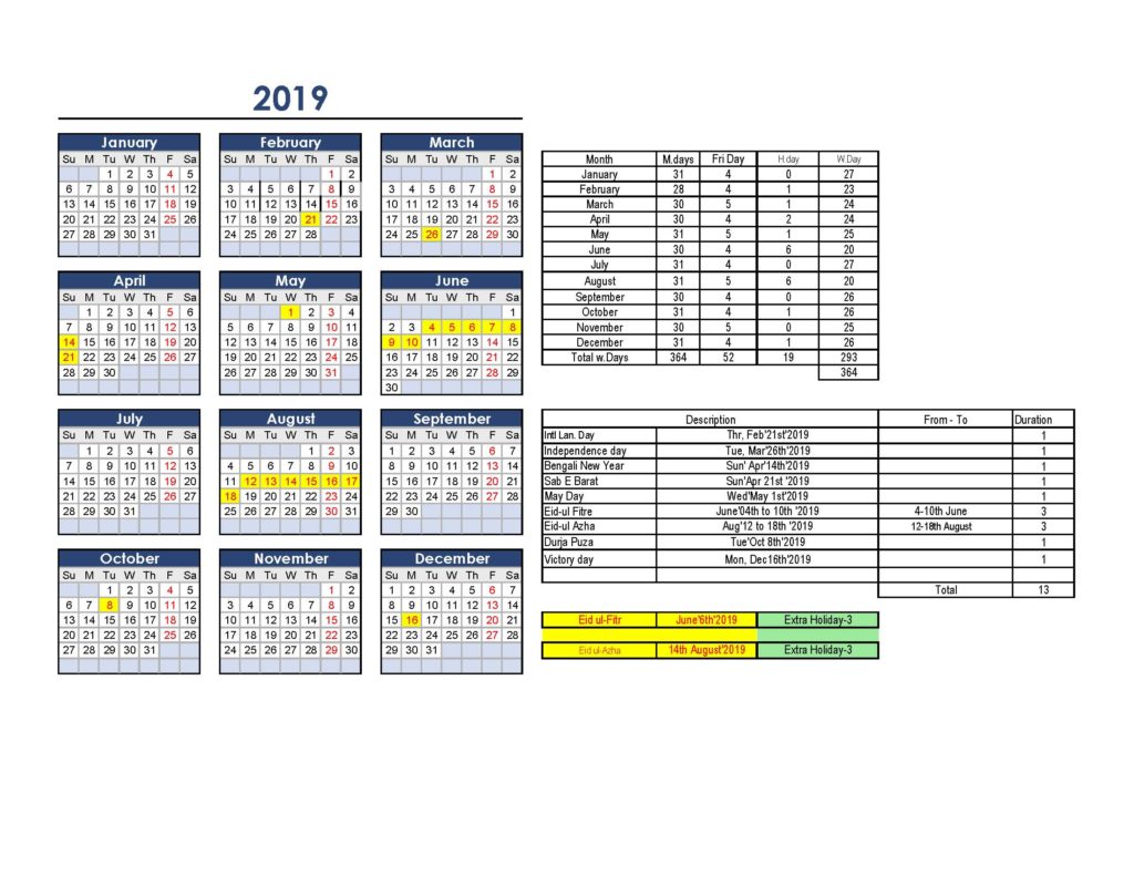 2019-Holiday Calender- Proposed